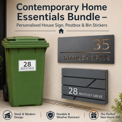 Contemporary Home Essentials Bundle – Personalised House Sign, Postbox & Bin Stickers