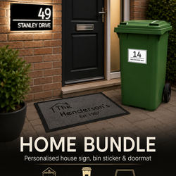New Home Bundle – Personalised House Sign, Door Mat & Bin Stickers Set
